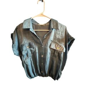 Pie In The Sky Crop Top Utility Pockets Button Down Blouse‎ Blue M